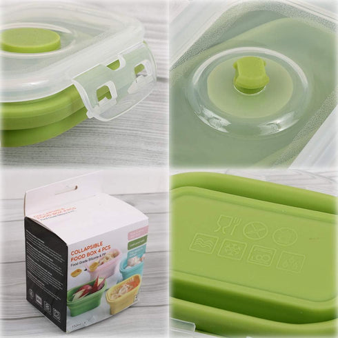Collapsible Silicone Food Storage Container, Portion Control with Clip-on Lid, Pack of 4