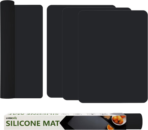 Silicone Mat for Kitchen Counter, BPA-Free Heat-Resistant Non-Slip Table Mat, 4pcs (Black, 15.7×11.8inch)