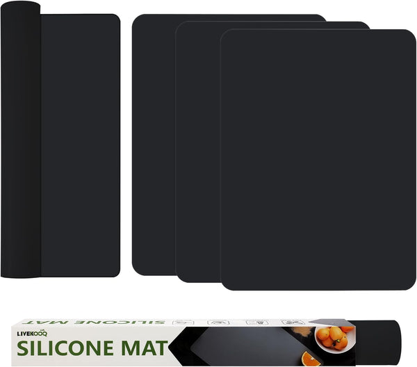 Silicone Mat for Kitchen Counter, BPA-Free Heat-Resistant Non-Slip Table Mat, 4pcs (Black, 15.7×11.8inch)