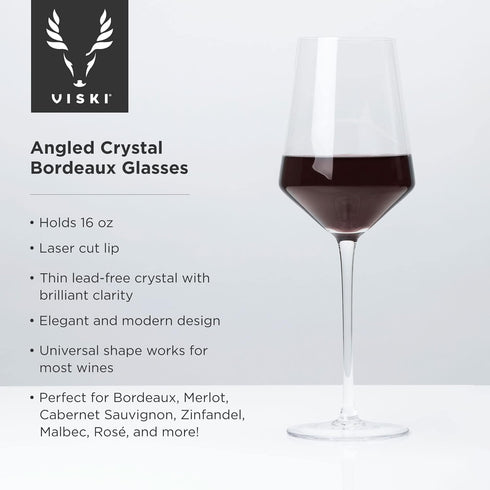 Viski Raye Angled Crystal Bordeaux Wine Glasses - Set of 2, 16oz Premium Crystal Clear Red Wine Gift Set