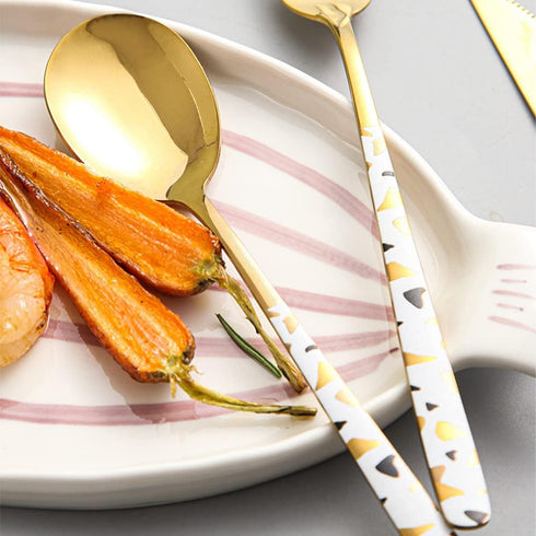 Stainless Steel Soup Spoon, Korean Dessert Spoon, Set of 4 Colour Spotted Soup Spoons, 8 Inches, White Gold Spotted