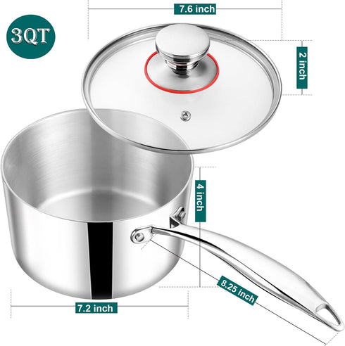 TeamFar 3qt Saucepan with Lid, Stainless Steel Tri-ply Pasta Sauce Milk Pan Small Cooking Pot with Ergonomic Handle, for Induction/Gas/Electric/Ceramic, Healthy & Heavy Duty, Dishwasher Safe by TeamFar