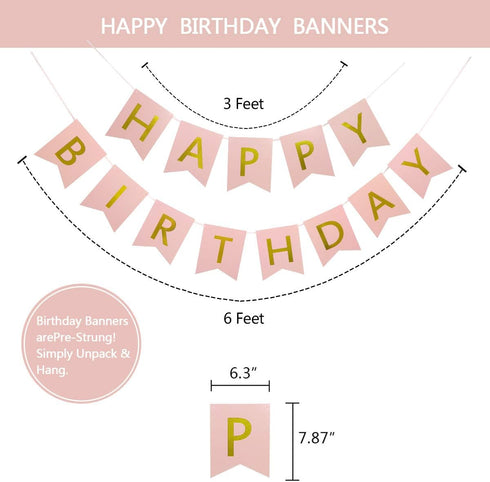 Rose Gold Birthday Decorations Kit, 20-Pc Set with Happy Birthday Banner, Tissue Paper, Garland & Swirls