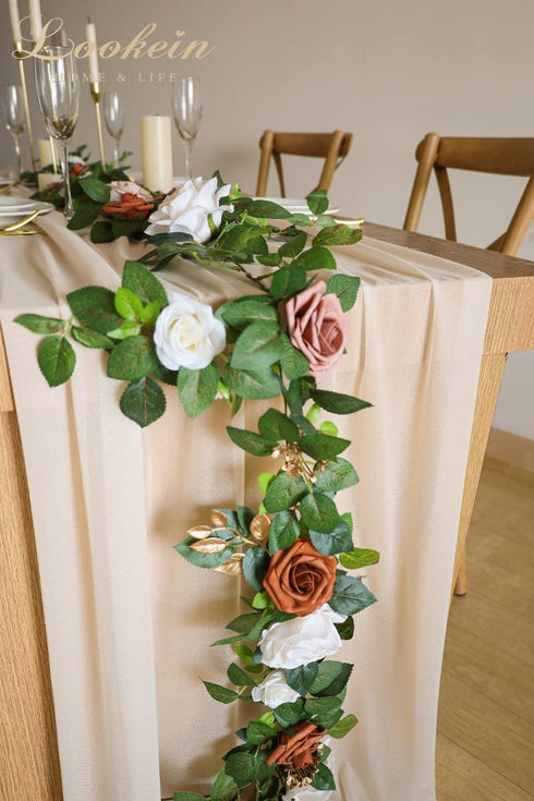 Lookein 10 Feet Champagne Chiffon Table Runner, 29x120 Inches Rustic Wedding Decorations