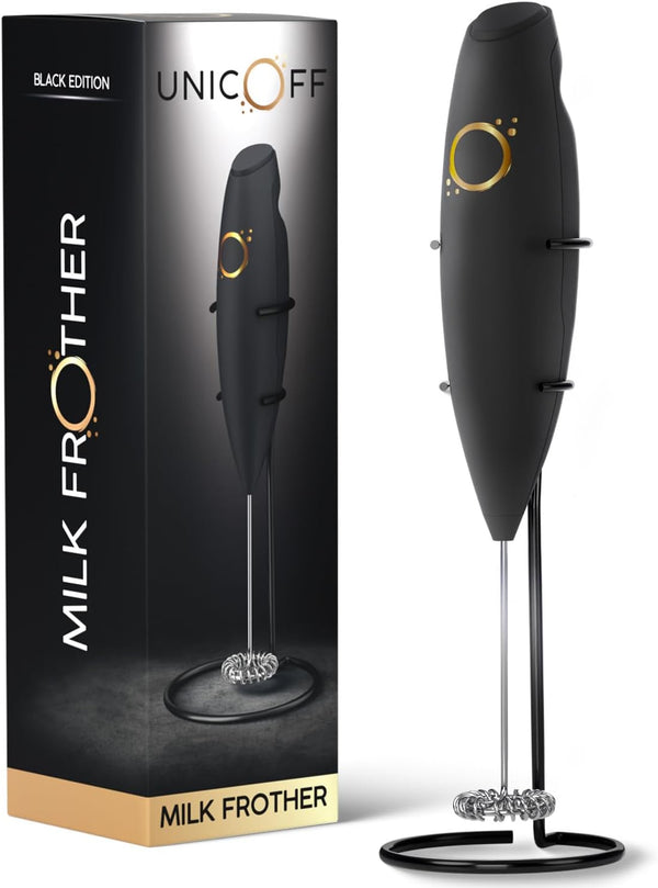 Milk Frother Matte Black, Handheld Electric Whisk with 19000 rpm, Includes Book Recipes & Stainless Steel Stand