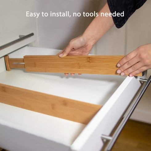 Fabsome Drawer Divider 6 Pack, Adjustable Bamboo Kitchen Organizers 17''-22'', Wooden Dresser Separators for Nursery