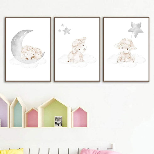 VLOLIFE (12X16inchX3 , Cartoon Baby Animal Picture Sheep Nursery Poster Art Canvas Painting Nordic Kid Child Bedroom