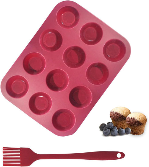 Silicone Mini Muffin Pan, 12-Cup Mini Cupcake Pan with Silicone Pastry Brush, BPA Free, Dark Red