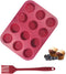 Silicone Mini Muffin Pan, 12-Cup Mini Cupcake Pan with Silicone Pastry Brush, BPA Free, Dark Red