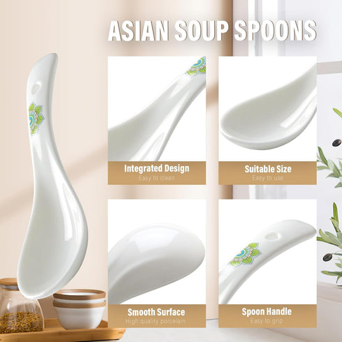 Set of 6 5.5" Asian Soup Spoons, White Ceramic Chinese Soup Spoons for Ramen, Pho, Wonton, Miso