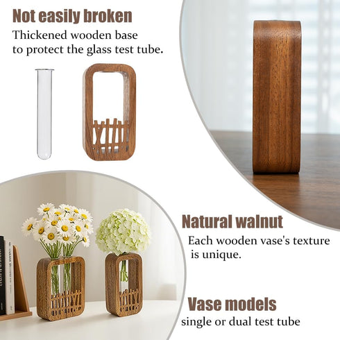 2 Walnut Wood Terrarium Planter - Glass Test Tube Vase & Boho Plant Stand for Hydroponics, Home Office Desk Decor