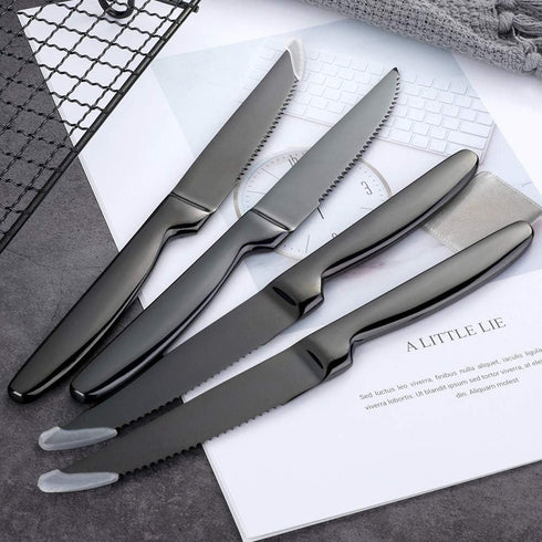 4-Piece Serrated Black Steak Knife Set, Stainless Steel Cutlery for Home, Restaurant, Hotel, 22cm