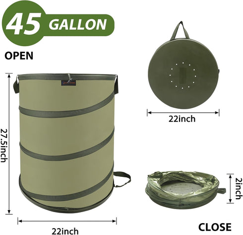 Hard Bottom Collapsible Garden Bag, 45 Gallon Pop Up Trash Can for Camping, Reusable Yard Waste Bags for Patio, Leaf,