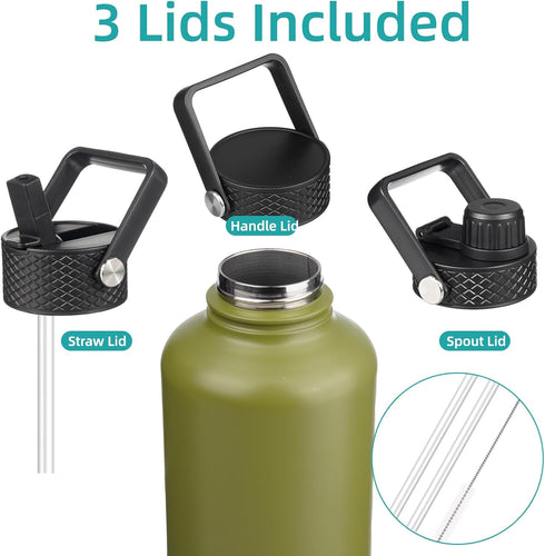 Half Gallon Insulated Water Bottle with Straw, 64 oz Water Jug with 3 Lids and Carrying Bag, Forest Green