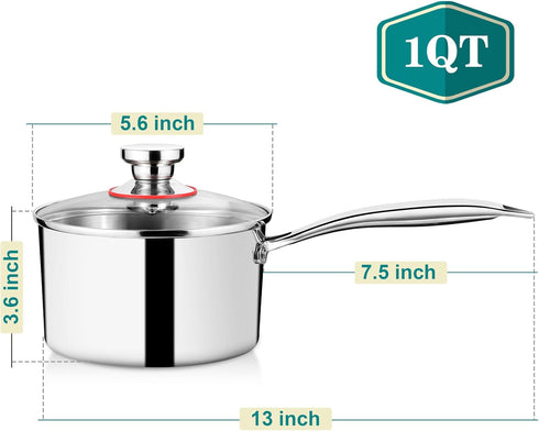P&P CHEF Small 1 Qt Saucepan, Tri-Ply Stainless Steel Milk Sauce Pan with Glass Lid, Kitchen Induction Cookware for Cooking Boiling Stewing, Dishwasher Safe, Silver