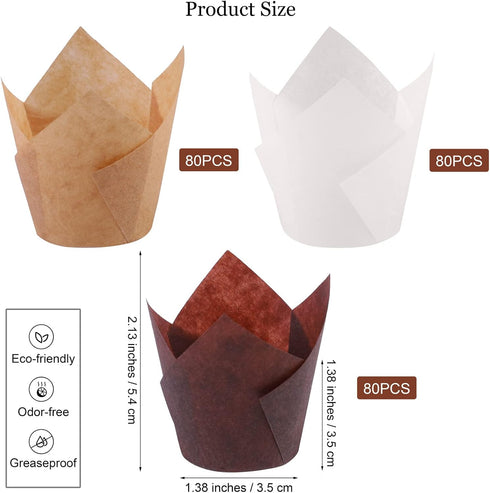 Aodaer 240 Pieces Mini Tulip Baking Cups Muffin Liners Cupcake Cases Baking Cup Holders for Wedding, Birthday, Baby Shower, Brown, Natural, White by Aodaer