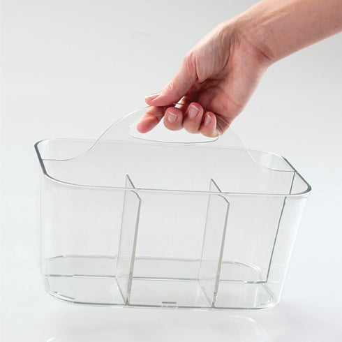 mDesign Clear Plastic Cutlery Storage Organizer Caddy Bin Tote with Handle - Divided Pantry Basket for Forks, Knives,