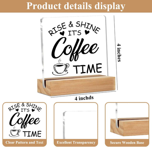 CQM Coffee Bar Decor Acrylic Sign with Wood Stand, Coffee Lover Gifts Coffee Decor Coffee Shop Bedroom Living Room Desk
