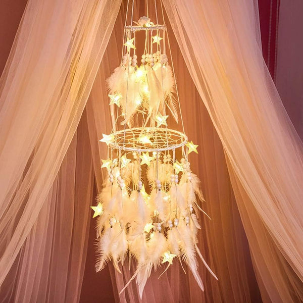 Dremisland Double Circle White Feather Dream Catcher with Mobile LED Fairy Lights Wall