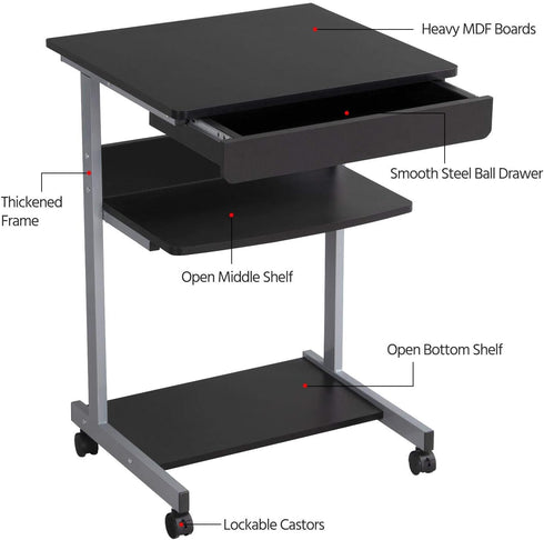 Topeakmart Mobile Compact Computer Desk Cart for Small Spaces, Work Workstation, Writing Desk Table with Drawers