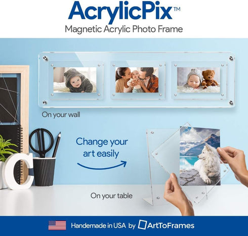 5x7 Acrylic Floating Picture Frame - Table Stand with Chrome Magnetic Front Cover, Made in The USA, Easily Change Photos