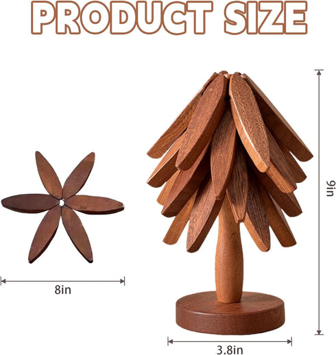 OFCTE Set, 4 1 Wooden Trivets for Hot Dishes, Tree Shape Trivet Walnut Wood + Stand stored Like a Christmas