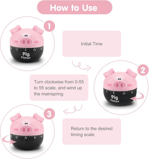 Cute Cartoon Pig Kitchen Timer, 0-55 Minute Wind Up Dial, Loud Alarm Timer, Mechanical Cooking Timing Tool (Pink)