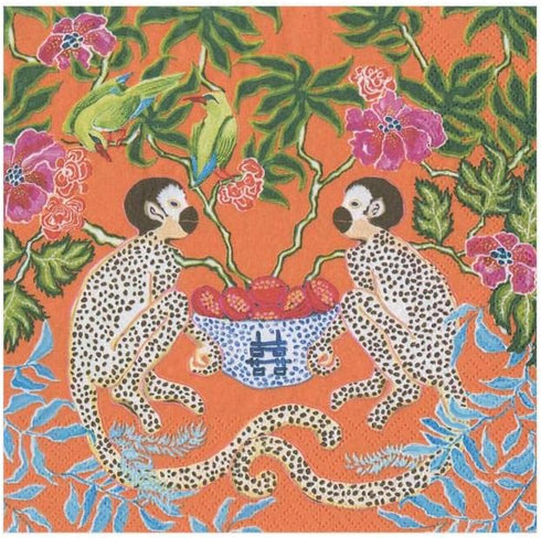 Caspari Monkeys Paper Cocktail Napkins - Two Packs of 20 in Orange