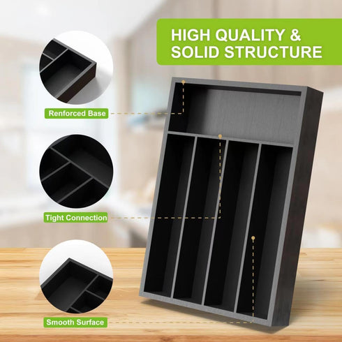 Bamboo Kitchen Drawer Organizer, Silverware Tray with Wood Holder for Flatware Cutlery, 5 Slot, Black