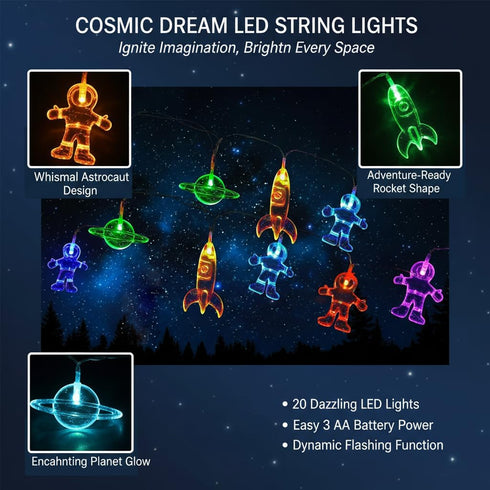 20 Fielegen LED Children's Room LED String Light Astronaut Spaceship Rocket Outer Space Room Decor Holiday Party Lights