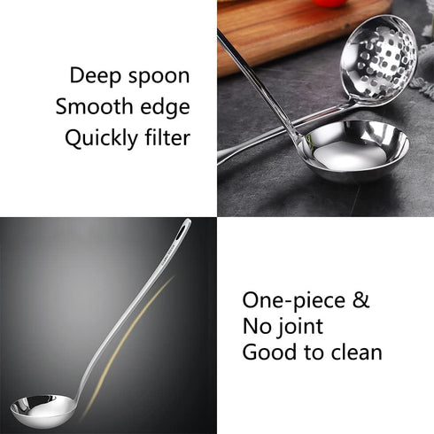 Metal Soup Ladle Set of 2, 18/8 Stainless Steel Ladle Spoon and Strainer Scoop, Cooking Utensil for Kitchen