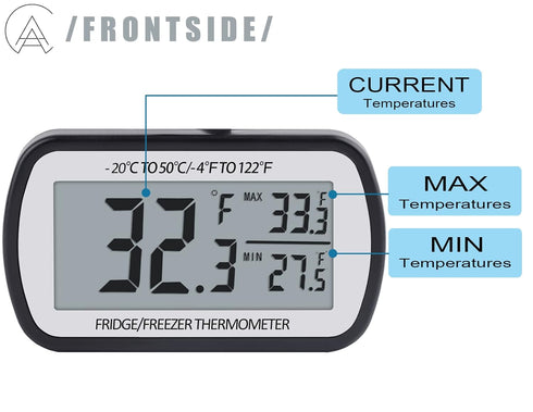 Refrigerator Thermometer Digital Fridge Thermometer for Freezer with Magnetic Back Large LCD, No Frills Easy to Read (Black)