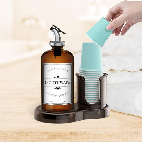 16oz 2 Amber Glass Mouthwash Dispenser with Cup Holder for Bathroom, Refillable Mouthwash Bottles Container with Tray