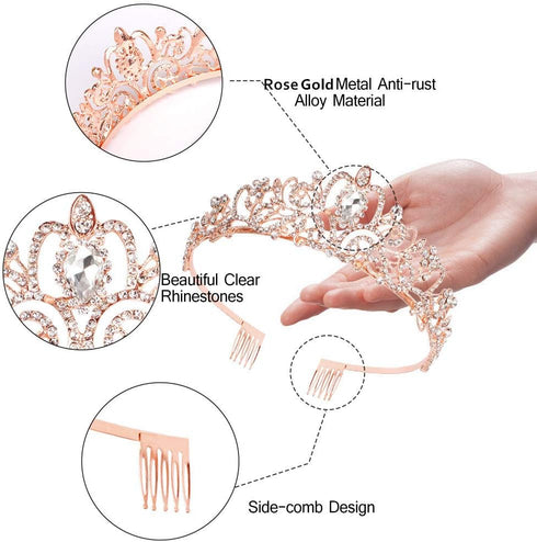 Didder Tiaras for Women, Crystal Rose Gold Birthday Queen Sash, Elegant Princess Crown with Combs for Girls Party
