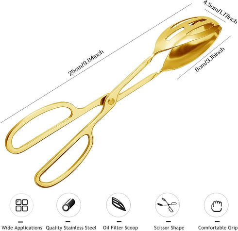 2 Pieces Stainless Steel Buffet Salad Tongs, Food Scissor Tongs for Kitchen Serving and Cooking (Gold)