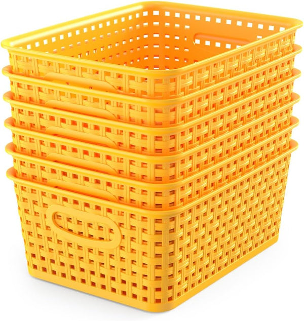 WYT 6-Pack Plastic Small Shelf Storage Weave Baskets, Organizing for Cabinets and Pantries, Yellow