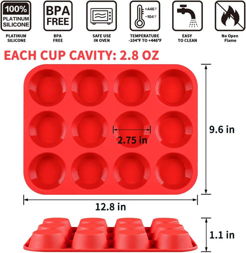 CAKETIME 12 Cups Silicone Muffin Pan, Regular Size Cupcake Pan for Baking, Nonstick BPA Free