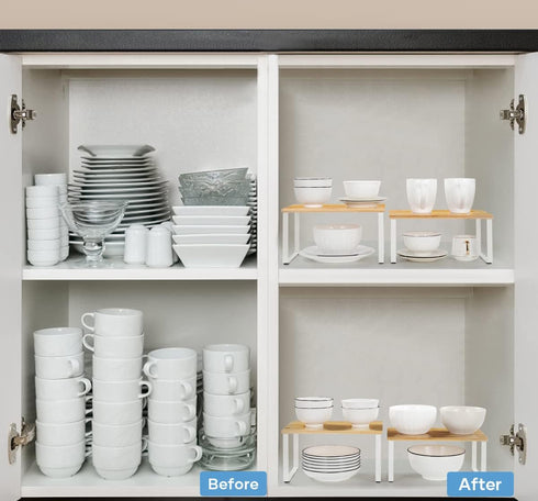 Counter NEX Kitchen Cabinet and Shelf Organizer, Stackable & Expandable, White and Natural