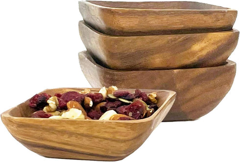 Woodard & Charles Acacia Wood 4" Individual Square Serving Bowl for Appetizers, Nuts, Candy, Rice, Fruit, Olives, Condiments, Hummus and More, Set of 4 by Woodard & Charles, LTD