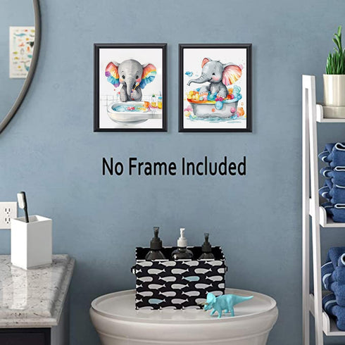 Set, PosteSet 4 (8"X10", TANXM Kids Bathroom Art Funny Elephant Calf Bathroom Toilet Wall Decor, Baby Elephant Bathroom