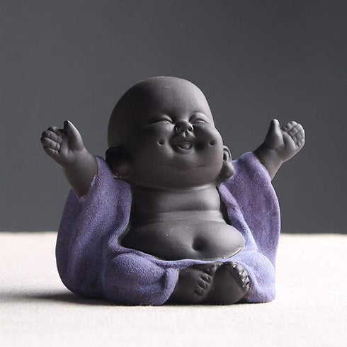 Ceramic Laughing Buddha Statue, Maitreya Happy Buddha Figurine, Cute Baby Monk Home Decor, Purple