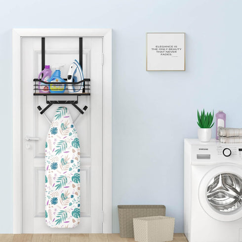 Ironing Board Holder Wall Mount, Laundry Room Organization with Large Storage Basket and Removable Hooks