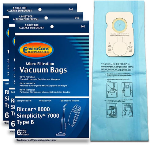 EnviroCare Replacement Micro Filtration Dust Bags, 18 Pack, Fits Riccar 8000 & Simplicity 7000 Type B
