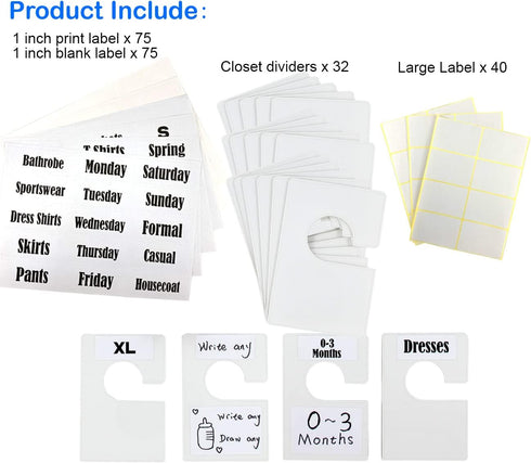 16 Pack White Clothing Rack Size Dividers with 60 Labels, Large Rectangular Closet Dividers, Pearl White