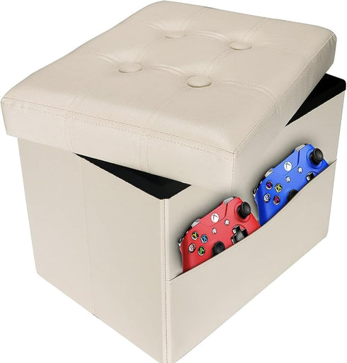 AmasSmile Storage Ottoman Folding Foot Rest Stool with Side Pocket, 16 inches