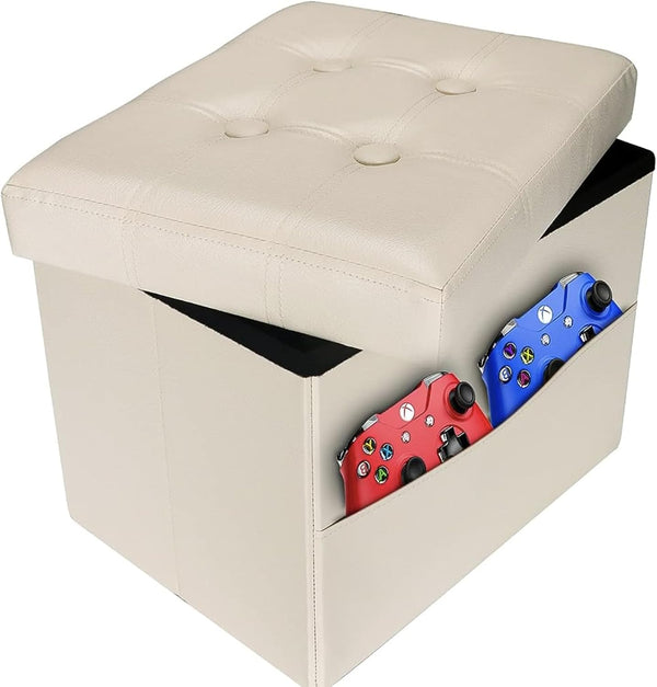AmasSmile Storage Ottoman Folding Foot Rest Stool with Side Pocket, 16 inches