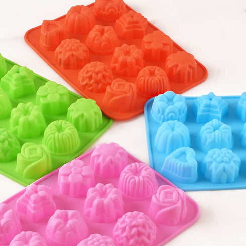 Newk Flower Heart Shape Chocolate Silicone Mold, 4 Packs 12 Cavity Candy Baking Mold for Parties, Festival and DIY