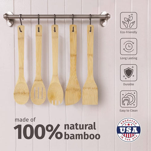 PrintSupremacy Custom Engraved Bamboo Cooking Spoons Set, Non-Stick Wooden Kitchen Gadget, 5 Pieces for Baking Gift