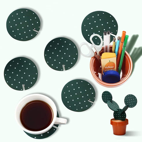 Cactus Coasters Set of 6 DIY Funny Drink Coasters with Flowerpot Holder, Novelty Gifts for Home Bar Decor (Green)