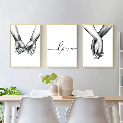 Kiddale Love and Hand in Hand Wall Art Canvas Print Poster, Black and White Sketch Art Decor (Set of 3, 16x20 inches)